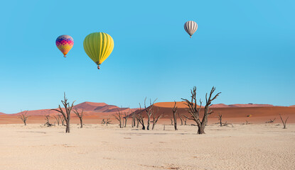 Hot air balloon flying over Dead trees in Dead Vlei - Sossusvlei, Namib desert, Namibia