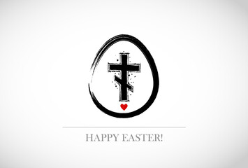 Easter greeting card in simple minimalist style with crucifix. Christian cross in easter egg on white background.