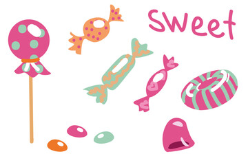 Vector illustration. Set with sweet candies. Marmalade, chupa chups, chocolates
