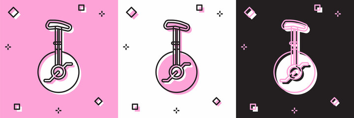 Set Unicycle or one wheel bicycle icon isolated on pink and white, black background. Monowheel bicycle. Vector © vector_v