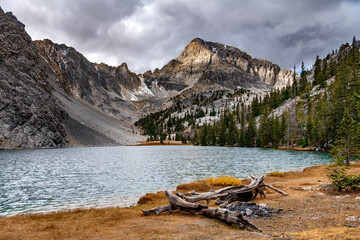 Mt. Idaho and lake with a fire pit in the Idaho wilderness