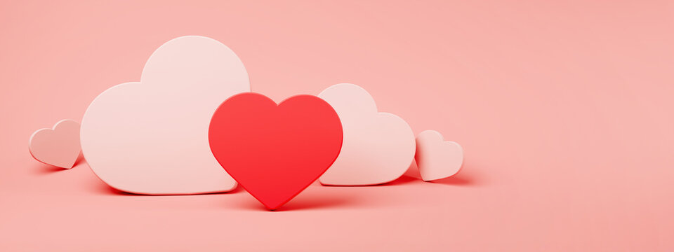 hearts symbol of love, Valentine's day concept, 3d rendering, panoramic layout