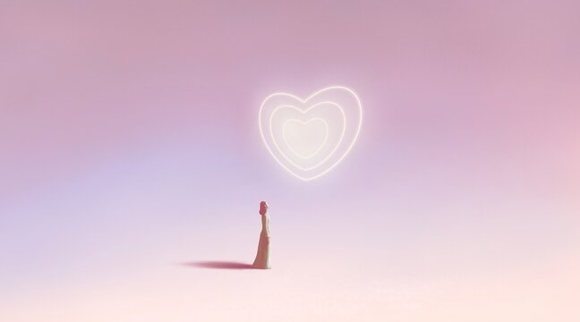 Love and romantic concept idea art. surreal painting. Conceptual 3d illustration. A woman with heart light. Valantine background.