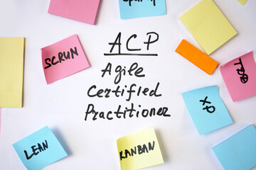 PMI Agile Certified Practitioner (PMI-ACP) words on white sheet and paper tasks, agile software...