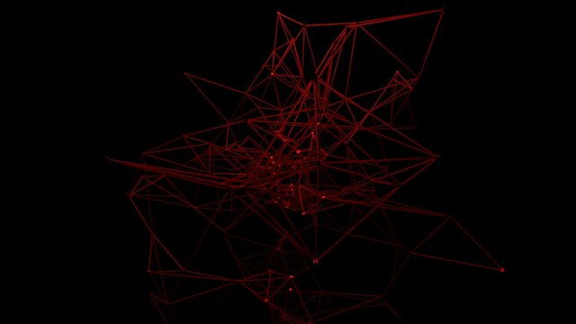 Black background. Design. Red neon rays that are very thin appear and make beautiful interlacing with each other creating drawings