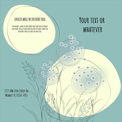 Dandelions Bunch and Light Yellow Circles on Dark Mint Background, Banner Template