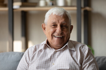 Fototapeta na wymiar Head shot portrait of happy candid old 80s retired man, sitting on cozy sofa at home. Candid smiling elderly male pensioner looking at camera, involved in video call conversation. Ageing concept.
