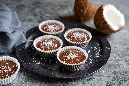 Suhajdy – chocolate dessert with coconut filling in paper cups