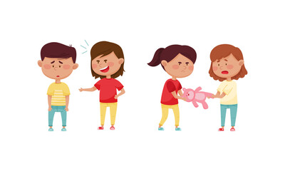 Warring Girl with Offensive Behavior Insulting Agemate Mocking and Taking Away His Toy Vector Set