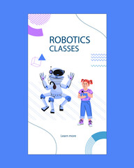 Kids robotic classes and electronic technology, programming and engineering education for children. Design for mobile onboarding page screen, web and print materials, flat cartoon vector illustration.