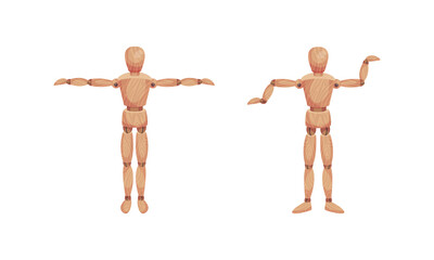 Wooden Man with Jointed Arm and Leg in Different Pose Vector Set