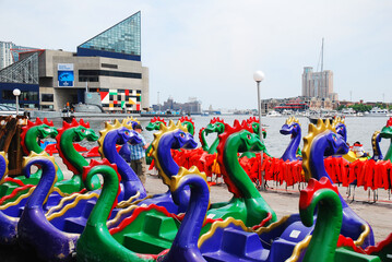 Dragon pedal boats for rent are stored in the Inner Harbor area of Baltimore, Maryland