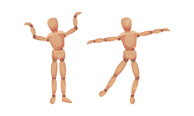 Wooden Man with Jointed Arm and Leg in Different Pose Vector Set
