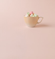 Creative image of a marshmallow cup on a pastel background. A place for your text.