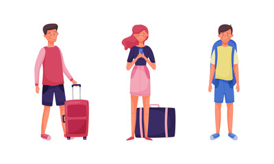 Young Man and Woman Tourist with Luggage Engaged in Travelling on Vacation Vector Set