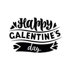 Happy Galentine's Day handwritten text. Hand lettering, modern brush ink calligraphy isolated on white background with ribbon and hearts. Vector illustration. Concept for card, logo, poster, print
