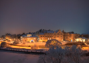 Fototapeta premium Night panorama of the city of Vyborg with illumination