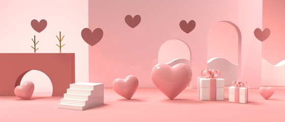 Hearts with geometric shapes - Appreciation and love theme - 3D render - obrazy, fototapety, plakaty