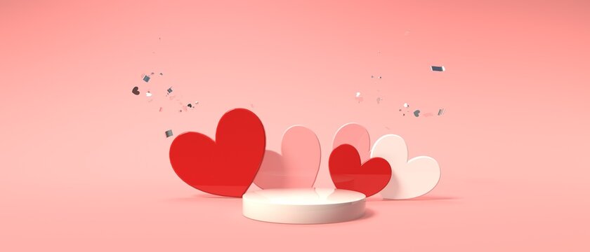 Hearts with a podium - Appreciation and love theme - 3D render