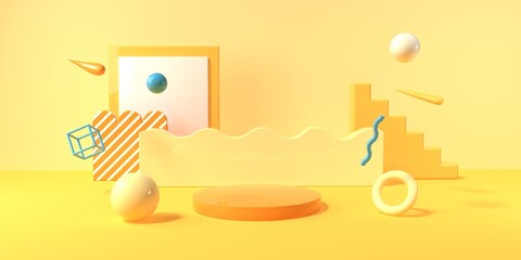 Abstract 3D render of geometric shapes and a podium