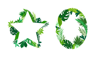 Oval and Star Shaped Frame with Green Leaves and Tropical Foliage Vector Set