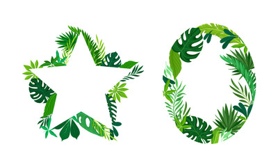 Oval and Star Shaped Frame with Green Leaves and Tropical Foliage Vector Set