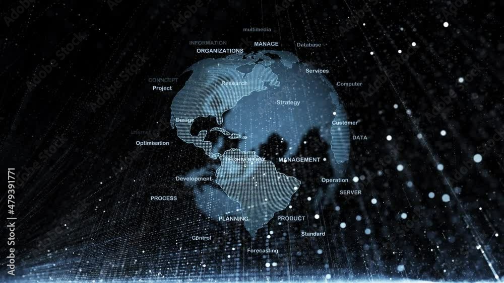Wall mural abstract dark 3d earth globe with business technology strategy word cloud seamless loop background a