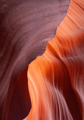 Lower antelope canyon light and darkness contrast break. Shapes carved by millennia of erosion in Antelope Canyon, Page, Arizona, USA.