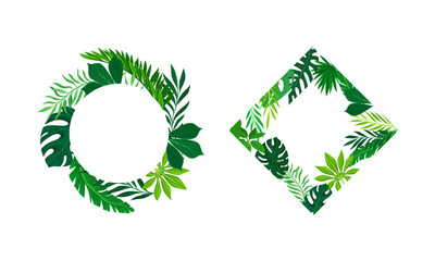 Shaped Frame with Green Leaves and Tropical Foliage Vector Set