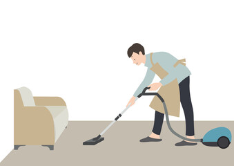 イラスト素材：エプロンをして笑顔で掃除機をかける男性（家事代行・家事分担等のイメージに）