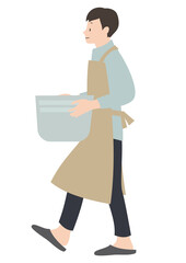 イラスト素材：エプロンをして笑顔で洗濯物を運ぶ男性（家事代行・家事分担等のイメージに）