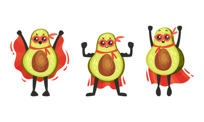 Funny Avocado Wearing Superhero Red Cloak and Mask Vector Set