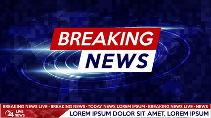 Screen saver on breaking news background. Urgent news release on television. Breaking news live on world map background.