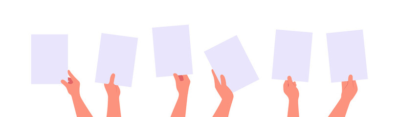 Hands holding blank paper sheet flat set vector illustration isolated