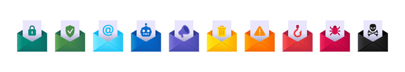 Variants 3d email envelope with letter protected, safe, advertising and automatic mailing, trash, spam, phishing and virus set vector illustration