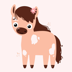 Cute horse in hand drawn style on a pink background. Flat vector illustration