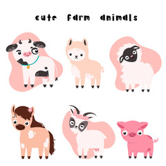 Childrens poster with cute farm animals: cow, llama, pig, horse, sheep, goat. Flat vector illustration in hand drawn style