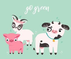 Obraz premium A poster in support of avoiding meat. Animals are friends, not food. Go green slogan. Flat vector illustration in hand drawn style