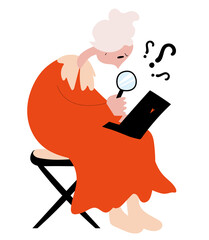 Grandma is sitting at a laptop and does not understand how to use it. Learning at an older age. Flat vector illustration in hand drawn style