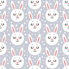 children's print with the faces of white rabbits on a gray background with snow. cute vector seamless pattern. bunny, hare