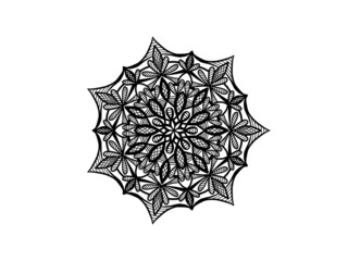 black and white floral mandala with leaves ornament hand drawn