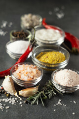 Culinary seasonings, red peppers, garlic and various salt