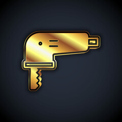 Gold Electric jigsaw with steel sharp blade icon isolated on black background. Power tool for woodwork. Vector