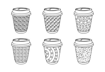 Paper coffee cups collection decorated in classic retro style in black and white. Coffee to go graphics template. Hot drinks take away concept. Draw attention to design in your coffee house