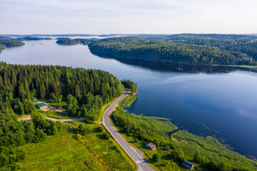 Aerial view of the system of lakes with islands