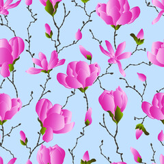 vector seamless patterns of magnolia flowers with branches and leaves. Botanical illustration for wallpaper, textile, fabric, clothing, paper, postcards