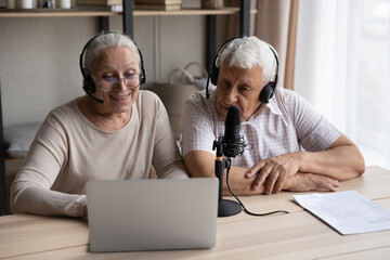 Joyful focused old retired man woman couple in headphones looking at laptop screen, talking on...