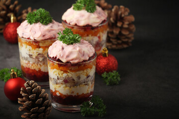 Dressed herring or herring under fur - traditional Russian salad	