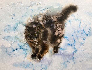 Watercolor fluffy kitty. Snow cat. Winter background: white, blue, purple. Design element. 