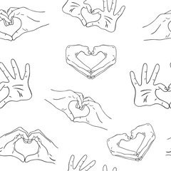 Seamless pattern of hands making a heart sign meaning love. Vector illustration concept of romantic relationship, Valentine s Day. Design background, fabric, wallpaper, stickers, etc.
